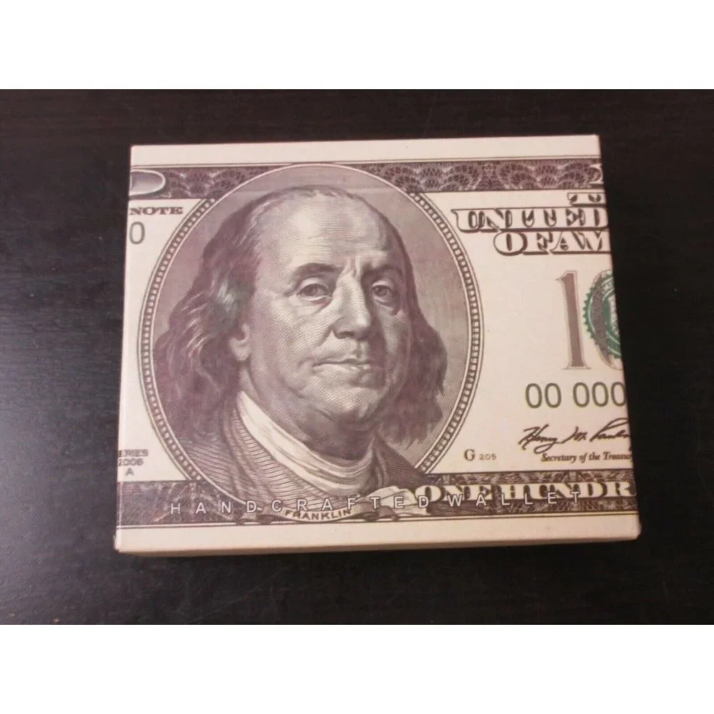 COPY - Old Dollar Bill Print Bi-Fold Vegan Leather Men's Wallet Benjamin Giftbo…